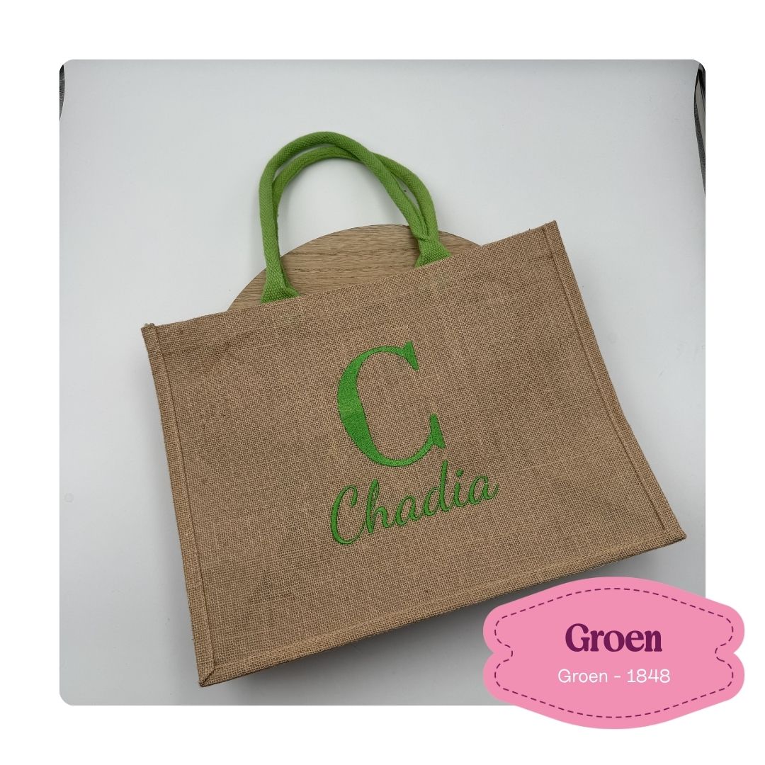 jute tas geborduurd met letter en naam