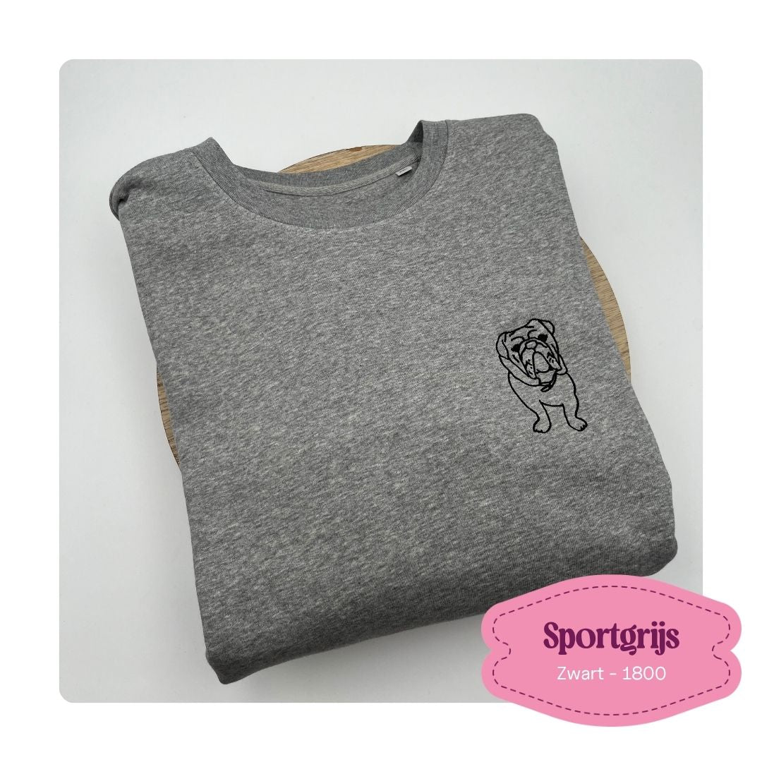 sportgrijze sweater geborduurd met lijntekening van eigen hond op 