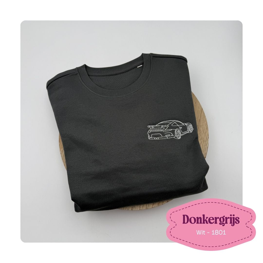 onkergrijze gepersonaliseerde geborduurde sweater op maat, met auto omrand MBroidery"