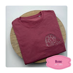 roze unisex t-shirt met geborduurde kinderfoto op de borst ideaal als verjaardagscadeau