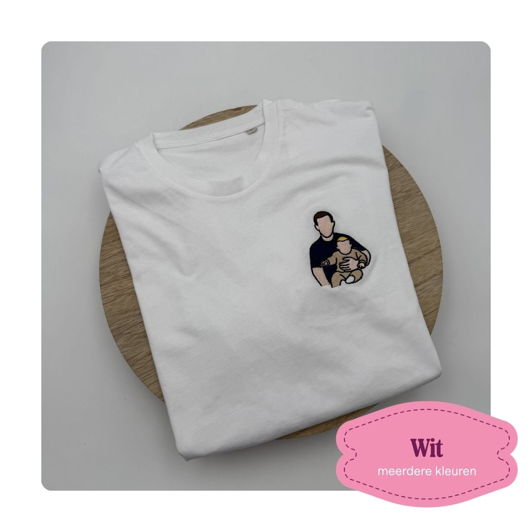 t-shirt geborduurd met opgevulde foto op van papa en kind 