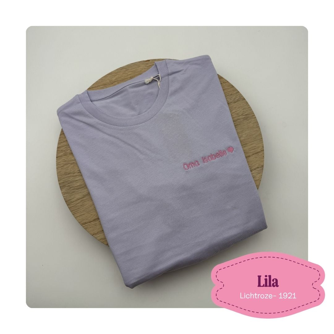 unisex t-shirt lila geborduurde tekst op de borst ideaal als cadeau voor oma of opa
