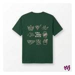 geborduurde t-shirt met verschillende afbeeldingen op de rug