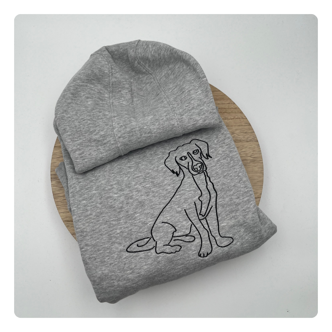 geborduurde trui met lijntekening van hond